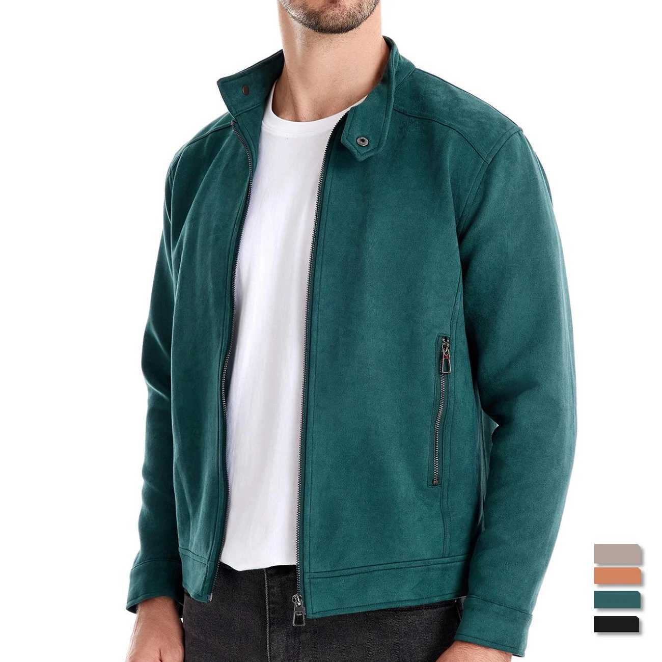 AIOPESON New Mens Stand Collar Zip Suede Jacket Fashion Casual Business Faux Leather Trucker Jackets Coat for MenXJ240820