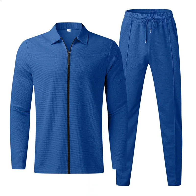 mens waffle long-sleeved lapel zipper cardigan casual sports suit 240821