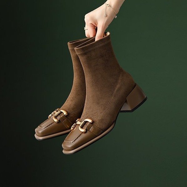Ddmysports Fengma Style Buckle Square Toe Low Heel Slim Boots Autumn New Elastic Suede Zipper Short OUTDOOR