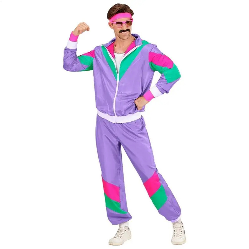 80s Sports Costume Men Color Block n 80s Couple Track Suit Vintage Long Sleeve Tracksuit Masquerade Jacket With Zipper 240821