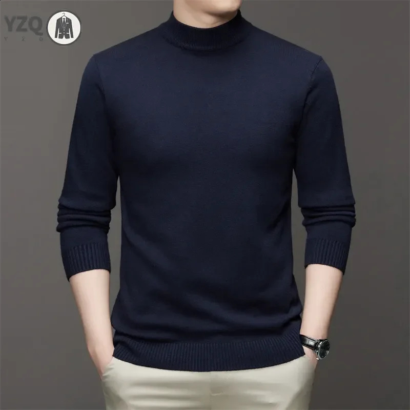 Mens semi high neck long sleeved solid color sweater soft warm and comfortable with a base at the top 240821