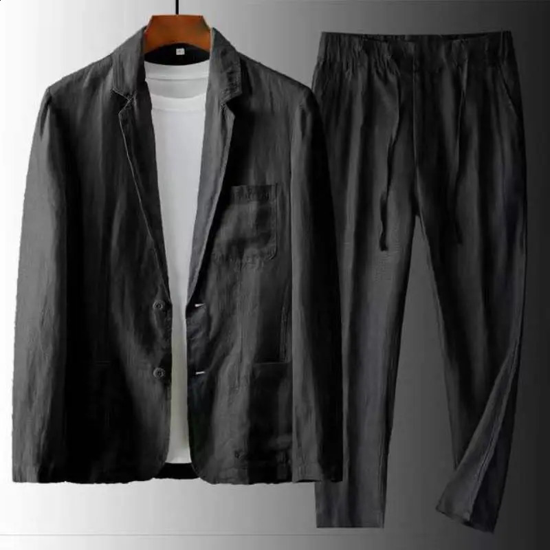 Mens 2 Piece Set Linen Pocket Solid Breathable Casual Mens Suit Business Clothing Thin Jacket Prom Long Pants Blazer Outfits 240821
