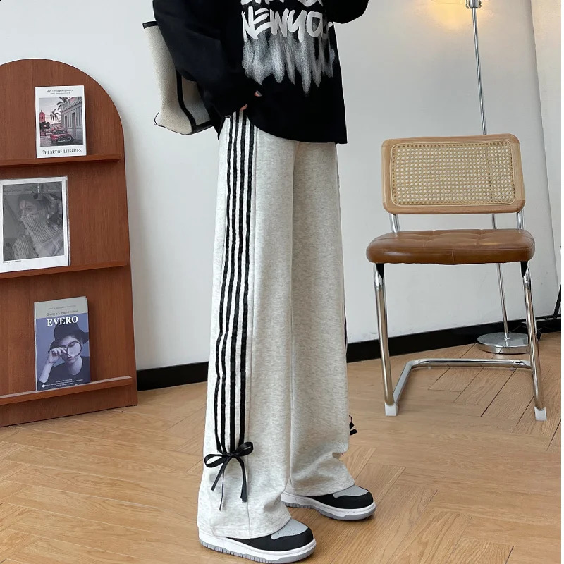 Y2k Pink Striped Sweatpants High Waist Casual Bows Wide Leg Pants Harajuku Trousers Streetwear 240821