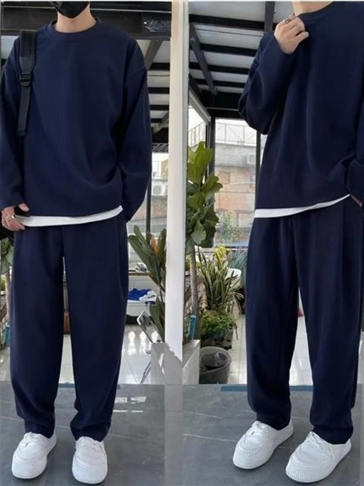 Juspinice mens track and field clothing autumn plus wool sweater two-piece set casual ultra-fine solid mens sports clothing Trouser mens set 240827