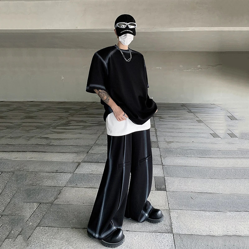 FEWQ Men Sets Line n Painting Shoulder Pad Short Sleeve Contrast Color Wide Leg Pants Korean Fashion Darkwear 24X9169 240821