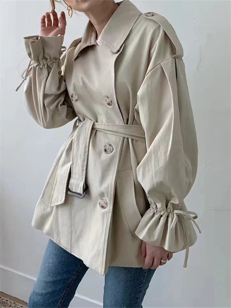 REALEFT 2023 Autumn Winter Khaki Minimalist Womens Trench Coat Sashes Windbreaker Loose Flare Sleeve Double Breasted 240820