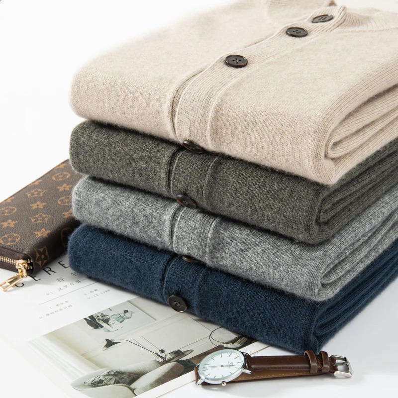 Autumn and Winter Collection 100% Cashmere Mens Casual Round Neck Button Cardigan Versatile Temperament Sweater for Men 240821
