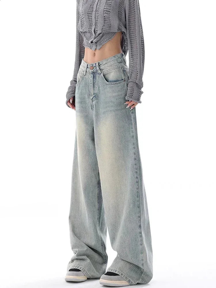 Circyy High Waisted Jeans Women Autumn Button Full Length Wide Leg Denim Pants Fashion Vintage Y2K Light Blue Loose Trousers 240821