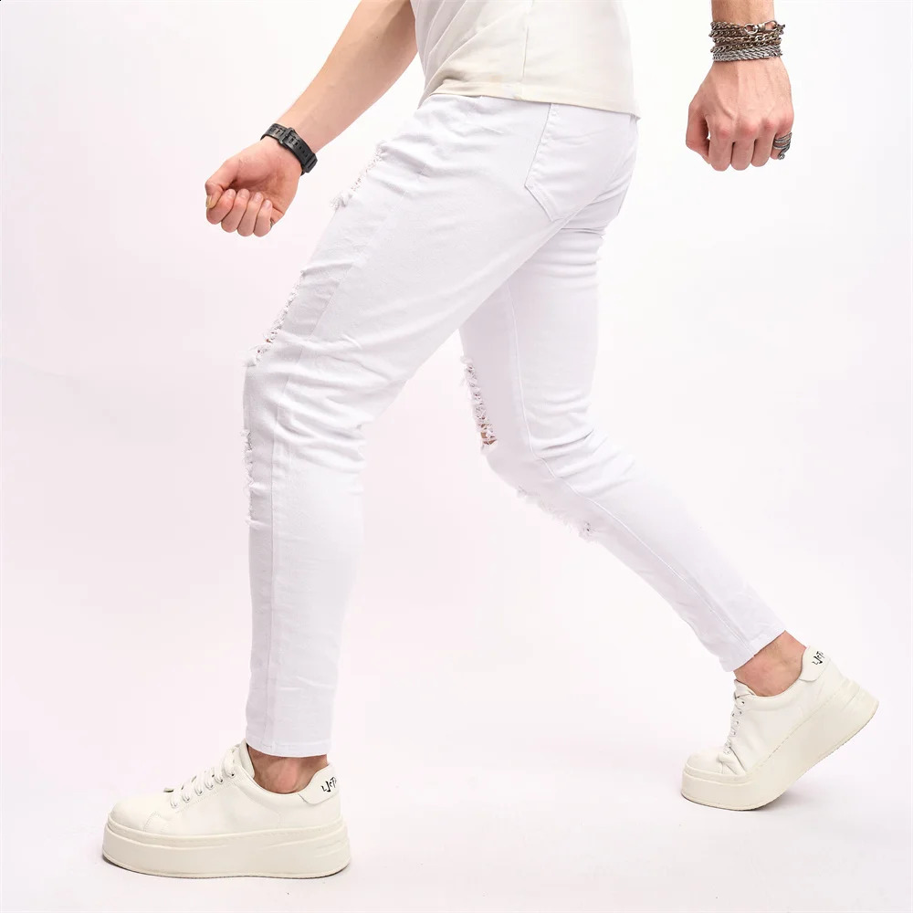 Stylish Holes Distressed Street Style Men Skinny Jeans Male Stretch Slim Trousers Solid Ripped Pencil Denim Pants 240821