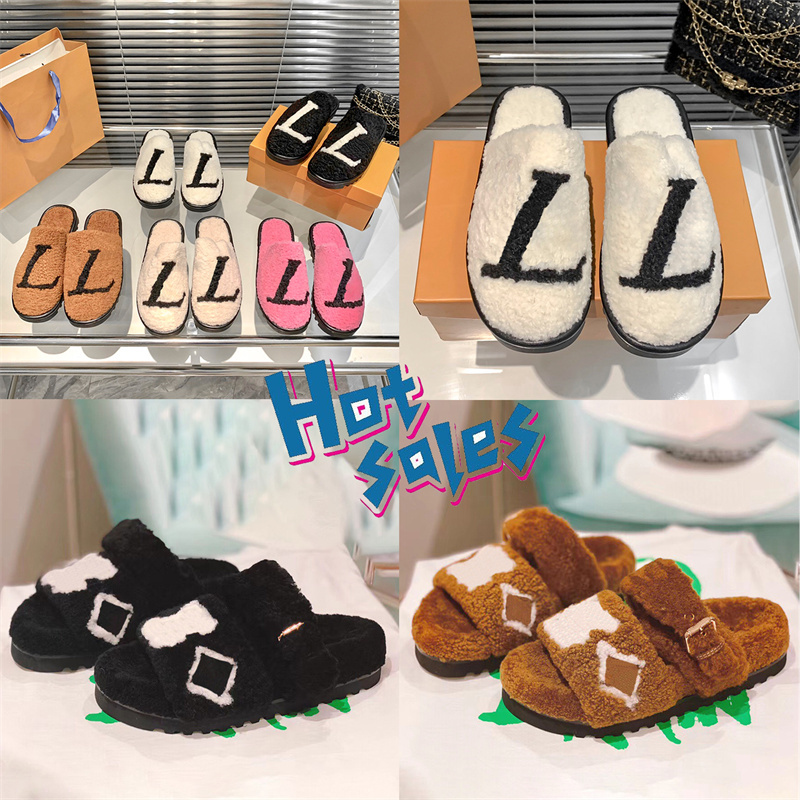 Womens Paseo Flat Comfort Mule designer slippers Shearling slide sandals ladies fur slides winter wool comfortable sandals warm Strap slipper Gognac Black white