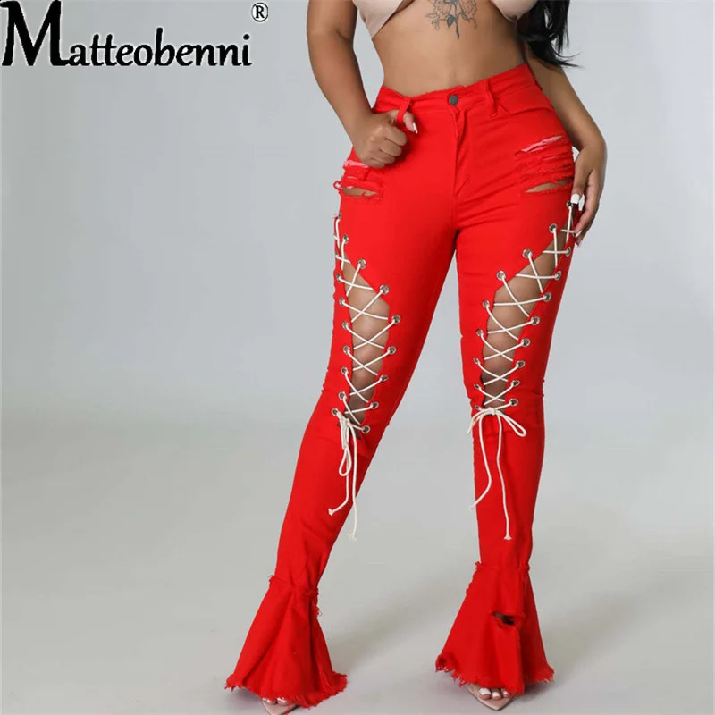Sexy Slim High Waist Jeans Women Vintage Ripped Stretch Eyelet Bandage Mopping Denim Flared Pants Ladies Casual Street Trousers 240821
