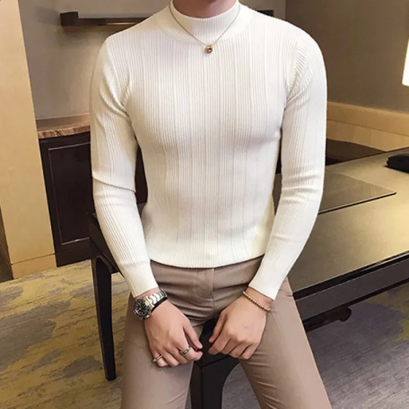 Mens Pullover Sweaters Korean Casual Striped Solid Sweater Men Half High Collar Stretch Tight Sweater Slim Fit Knit Tops 240821