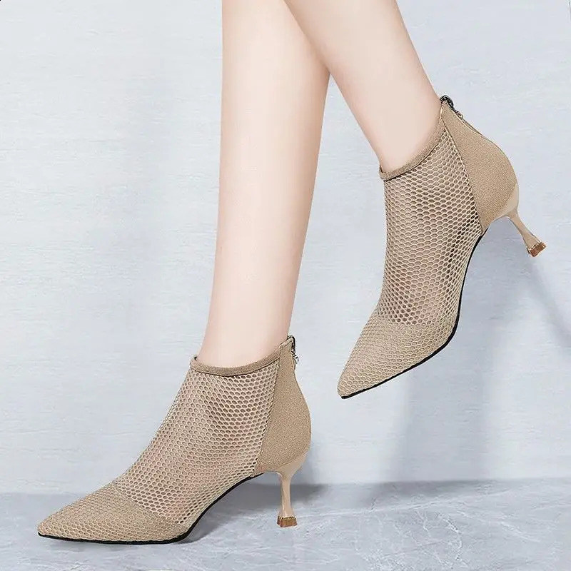 Short Shoes For Women Mesh Footwear Sandals Female Ankle Boots Sexy Pointed Toe Booties Trend On Offer Stylish Boot 240820