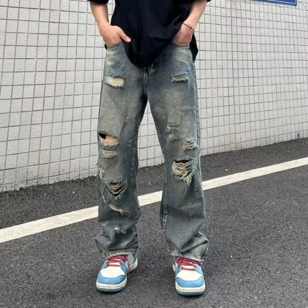 Hip Hop Style Jeans Streetwear Mens Ripped Hole Wide Leg Jeans with Multi Pockets Distressed Details for Casual Hip Hop Style 240821