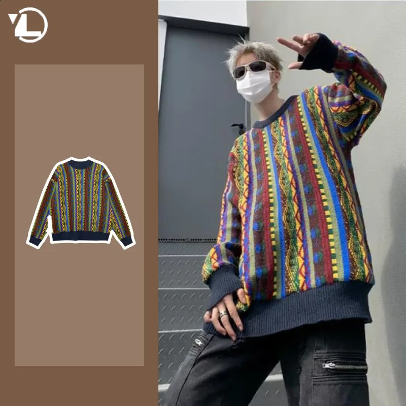 Colorful Printed Retro Men Sweater Color Block Hip Hop Trend Round Neck Knitted Top College Casual Oversized Pullover 240821