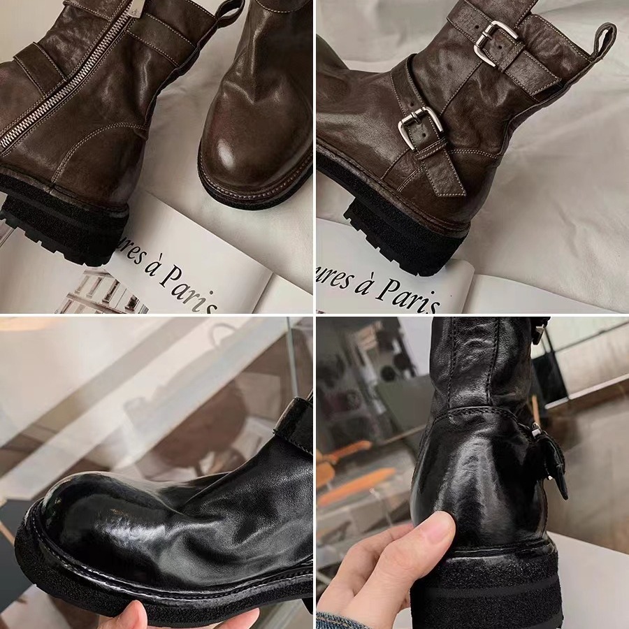Ddmysports Grape Mama S Same Popular Washed Shrunken Horseskin Round Toe Thick Sole Slim Short Boots For Women Knights In Autumn And Winter OUTDOOR