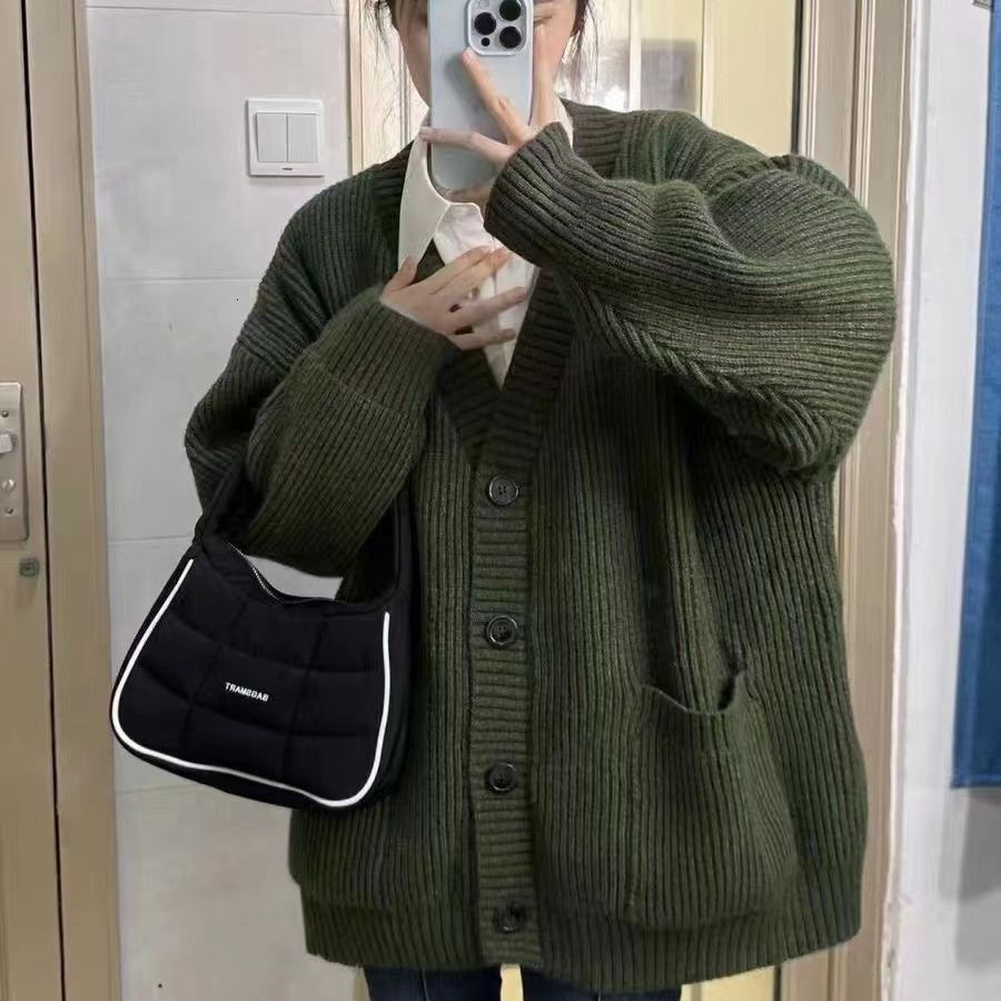 V-neck lazy style cardigan 2024 new simple sweater women's autumn and winter casual loose knitted jacket