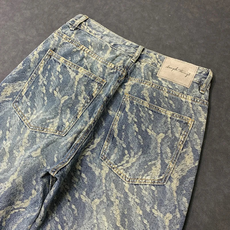 High Street Trendy American Jacquard Full Print Jeans Men Loose Straight Personalized Wide Leg Pants for Men 240821