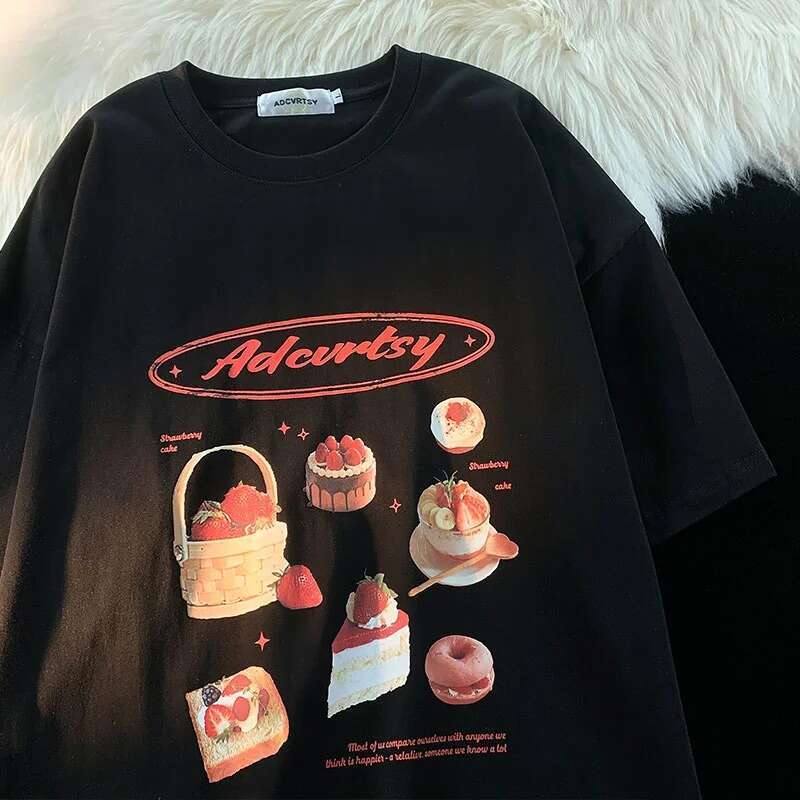 Strawberry Chic Print for Women Japanese Haruku Short Sleeve O Neck Streetwear T-shirt Large 3XL Summer Woman T Shirts