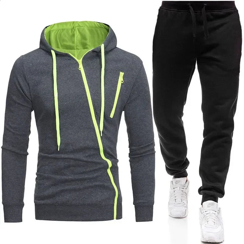 Autumn Winte Oblique Zipper Tracksuit Men Sweatshirt Sweatpants 2 Pieces Set Casual Mens Hooded Hoodies Suit Sportswear 240821