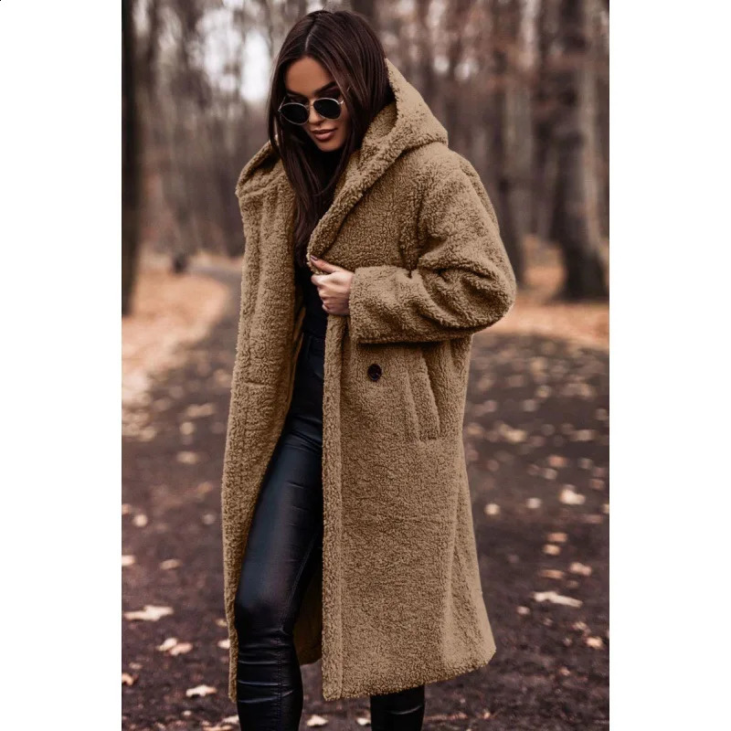 Women Solid Color Long Sleeve Woolen Coat Hooded Winter Autumn Warm Outwear Trench 240820