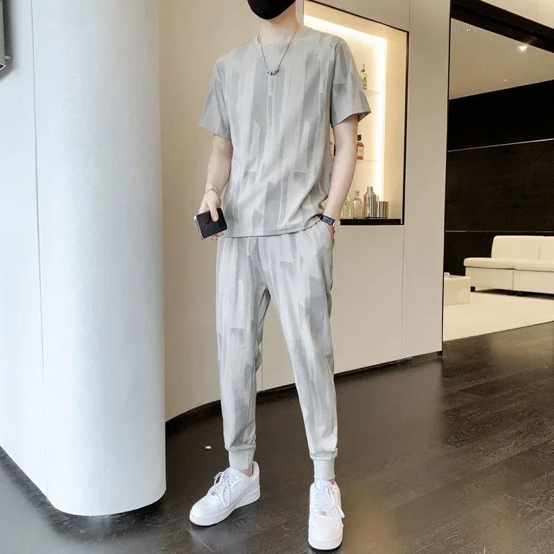 Tracksuit T-shirts Pants Suits for Men Black No Smooth Sweatsuit Man Trousers Sets Sweatshirts Baggy Slacks Loose Elastic 240821
