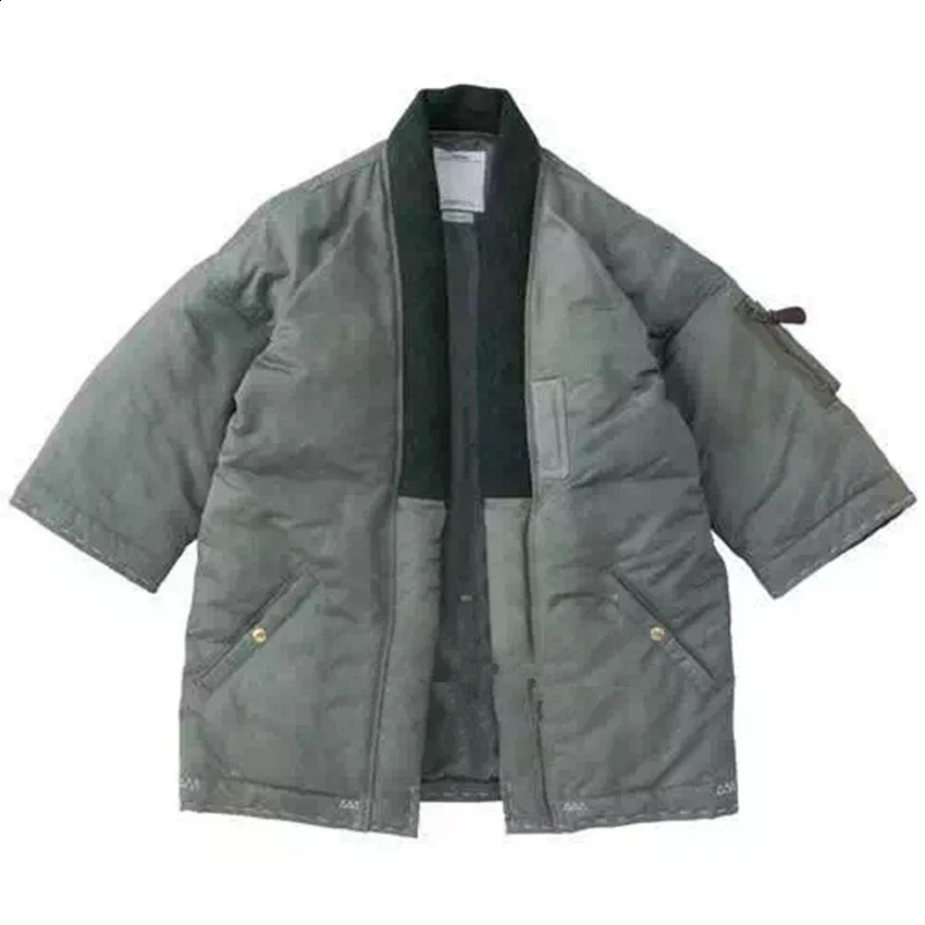 Short Three Color Hoodless Standing Collar Taoist Robe Cotton Padded Down Jacket Mens Solid Loose Coat Non Visvim Dcdt Parkas 240821
