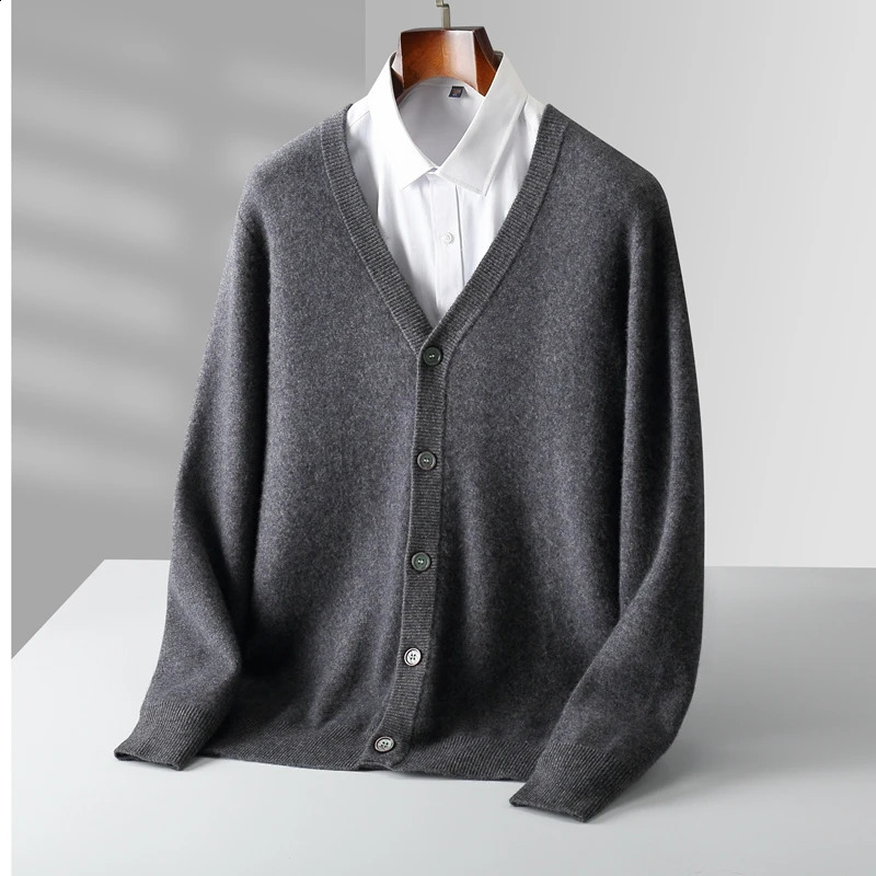 autumn and winter mens 100% pure wool knit cardigan V-neck loose business casual sweater coat 240821