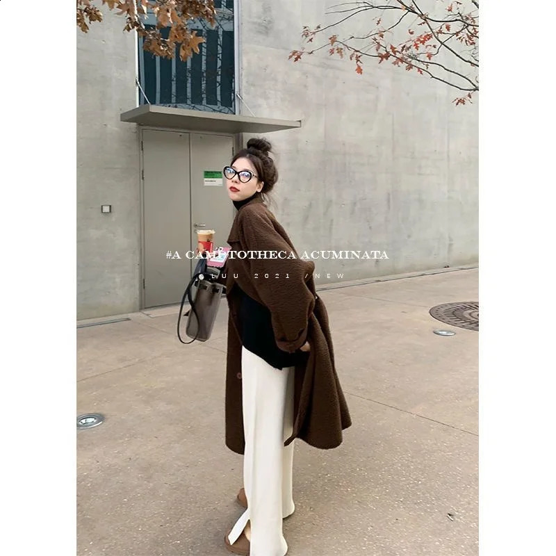 Temperament Lamb Wool Coat Womens Winter Fat Sister British Style Lazy Over Knee Loose Long Wool Coat Solid Color 240820
