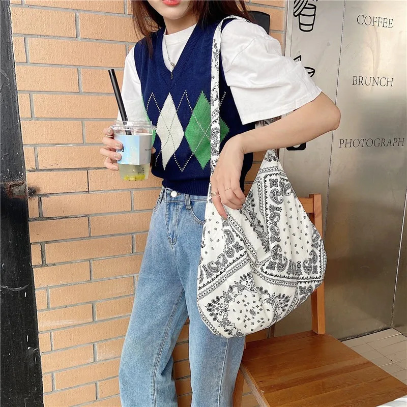 Fashion Womens Ethnic Style Canvas Large Capacity Shoulder Bag Shopping Bag Retro Leisure Travel Handbag 240821