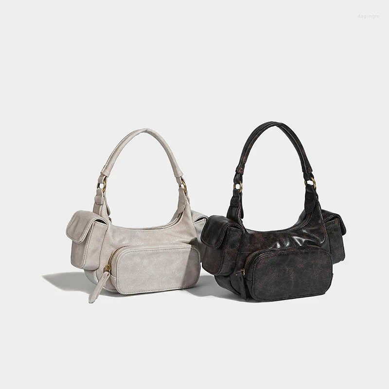 Shoulder Bags Cool Girl Multi-Pocket Motorcycle Bag American Vintage PU Leather Women Travel Handbags 2024 Trendy Lady Underarm 4