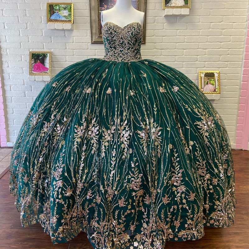 Blackish Green Off The Shoulder Princess Quinceanera Dresses Ball Gown Classic Sequin Beads Crystal Tul Sweet 16 Dress Vestidos De 15 Anos