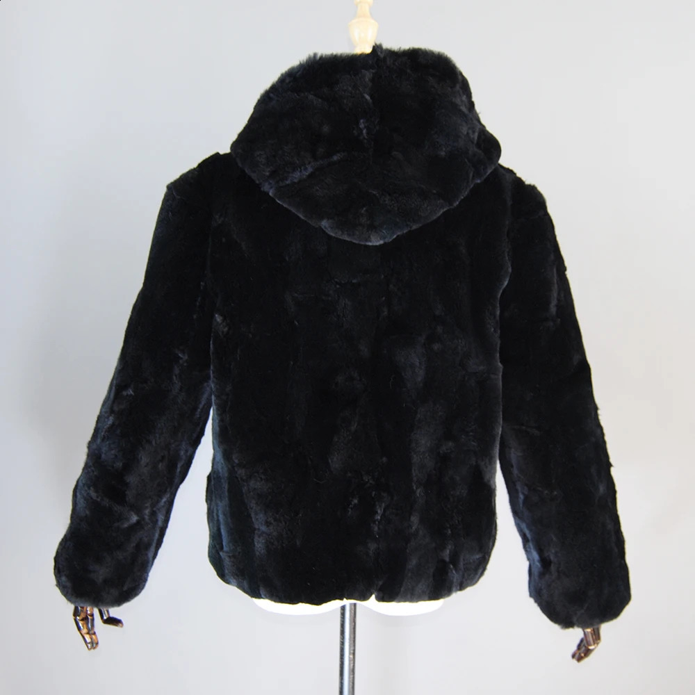 Winter Woman Real Rex Rabbit Fur Coats Girls Warm Natural Hooded Jackets Fashion Zipper Genuine Outerwear 240820