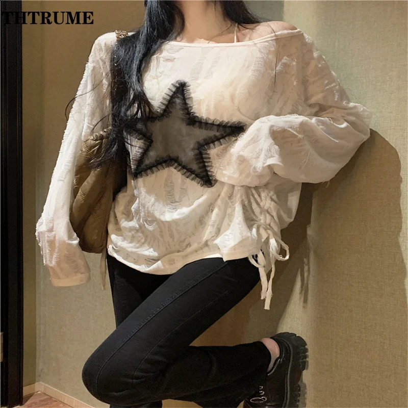 Y2K womens high street sweater fashionable slim shoulders streetwear jumper casual retro star print latte art 240821