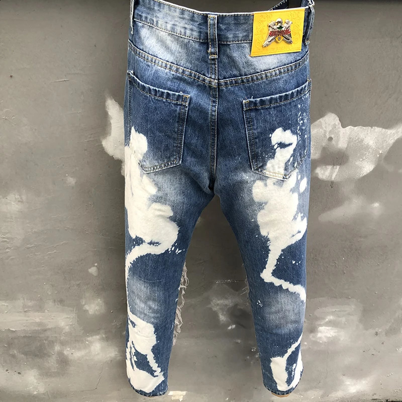 Slim Fit Denim Punk Jeans Streetwear Broken Hole Patch Skinny Trouser Quality Men High Street Denim Patchwork Stretch Jean 240821
