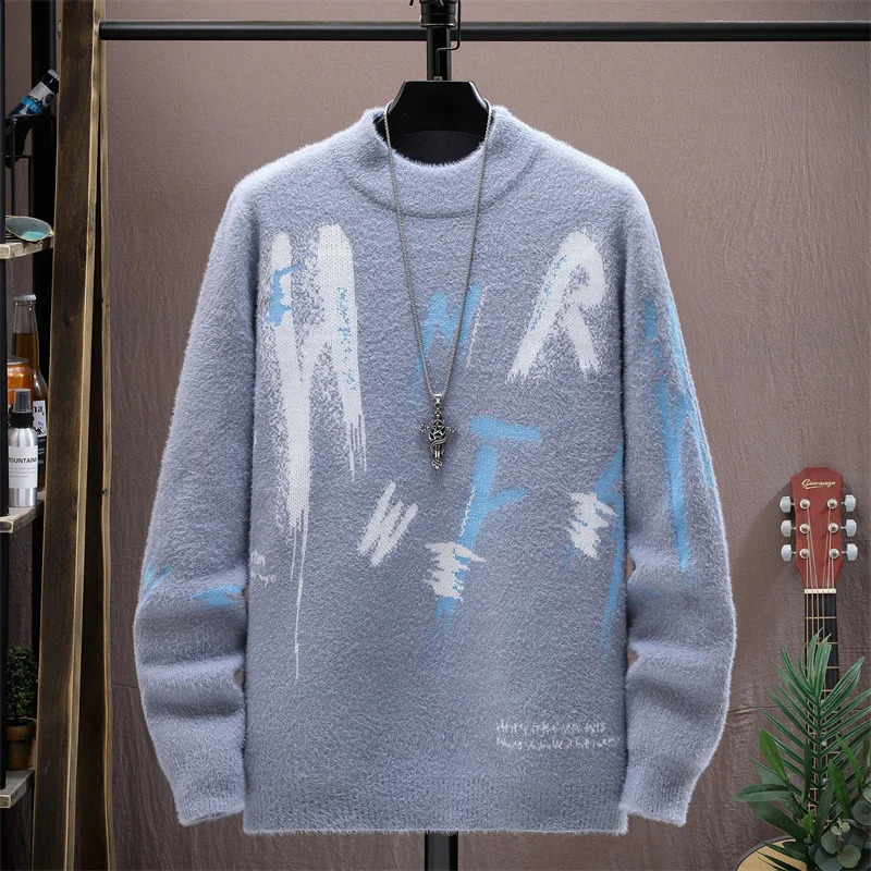 Winter Plaid Mink Cashmere Sweater Men Half Turtleneck Mens Sweaters Top Quality Pull Homme Thick Warm Pullover Men 240821