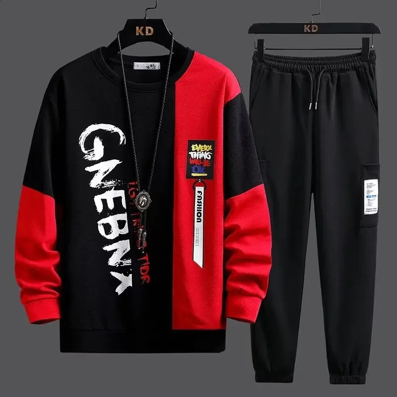 Fashion Mens Tracksuit Autumn Long Sleeved Red Sweatshirt Sports Pants 2 piece Set Mens Casual Suit Unisex Jogging Men Clothes 240821