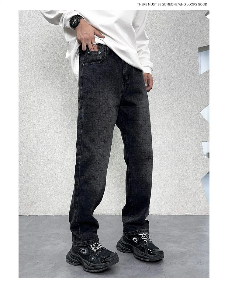 Graphic Printed Black Jeans Male Washed Loosen Fit Pants Man Wide Leg Denim Bottms 240821