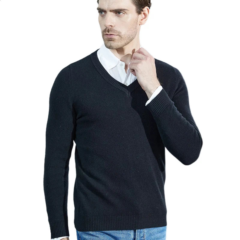 Cashmere Sweater Men Knitted Sweaters 100% Pure Merino Wool V-Neck Long-Sleeve Thick Pullover Winter Autumn Male Jumper Clothing 240821