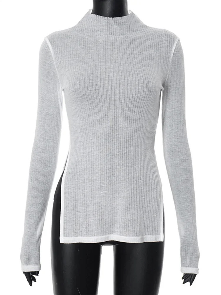 Tossy White Knitwear See Through Tshirt Pullover Womens Hollow Ultra Thin Long Sleeve Casual Splicing Work Top 240820