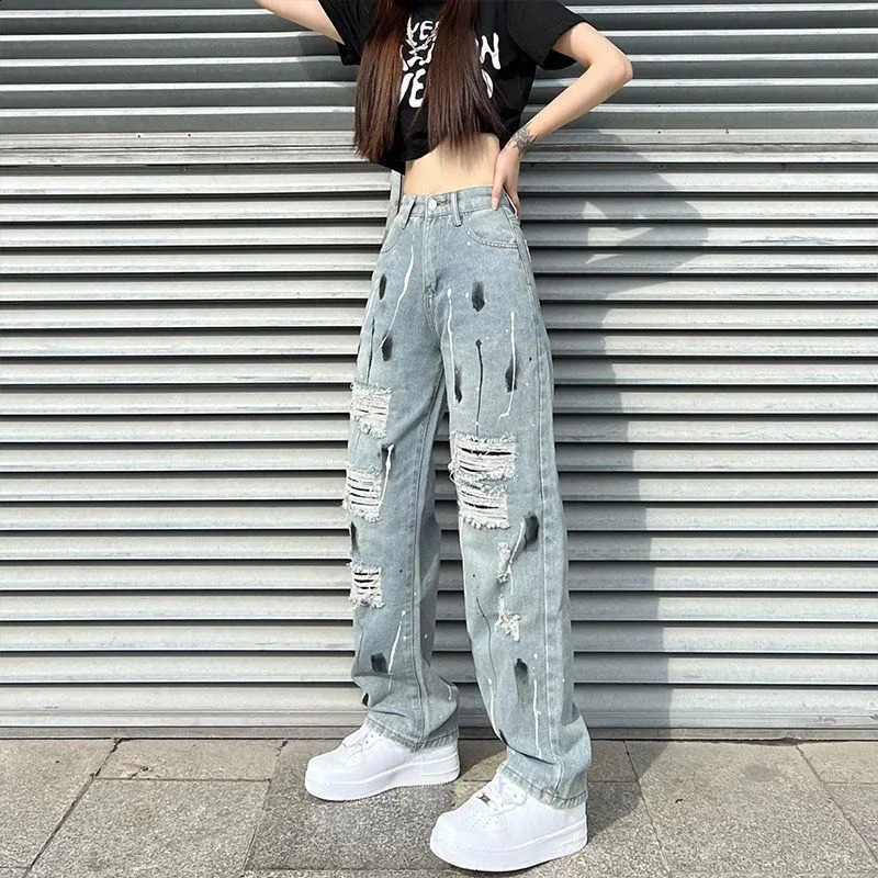Torn with Holes Blue Pattern Graphic High Waist S Womens Jeans Ripped Straight Leg Pants for Women Pockets Print Trousers R Z 240821