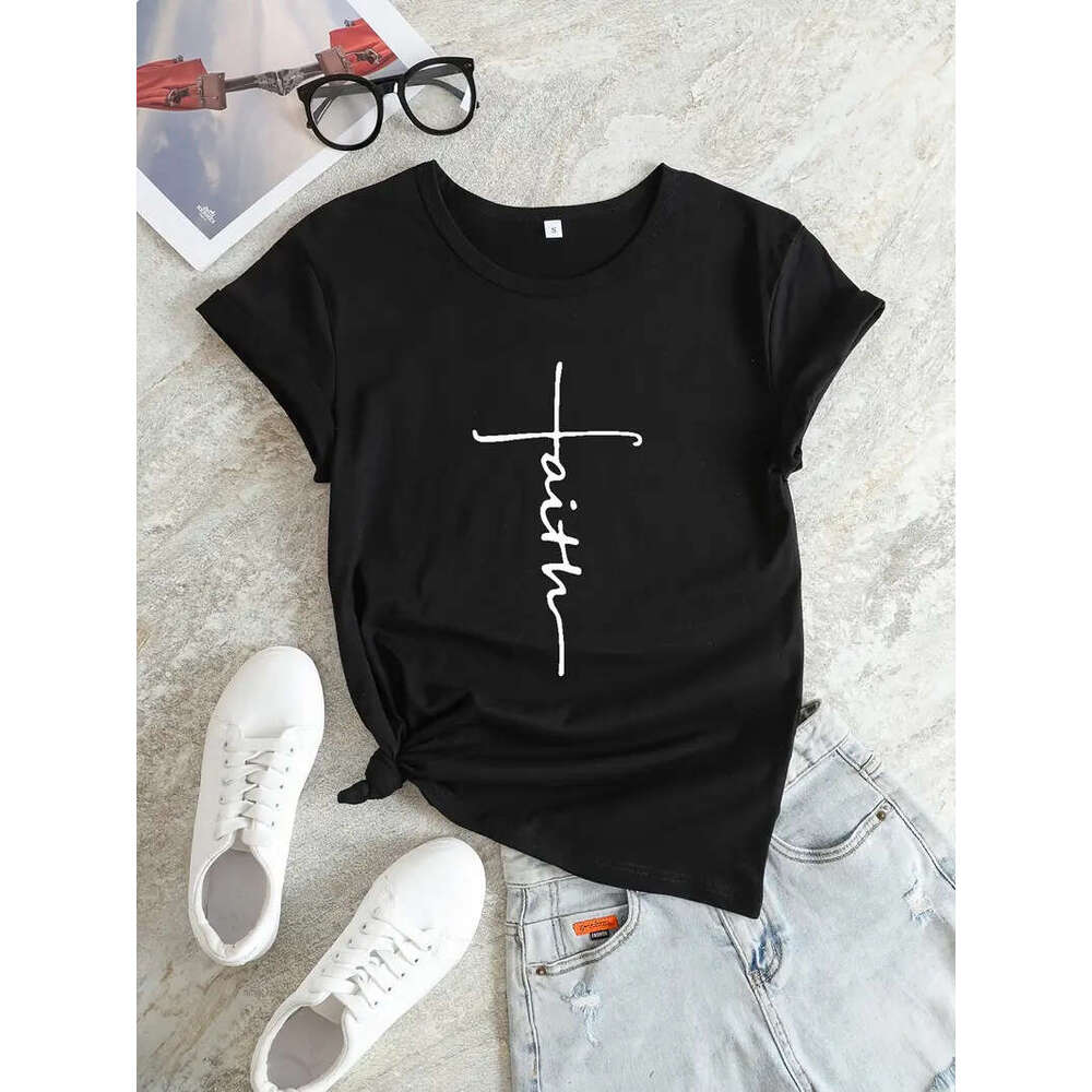 Cross Faith T-shirt Religion Print Women Aesthetic Clothes Devout Believer Tops Basic White Short Sleeve Summer Tee Shirt