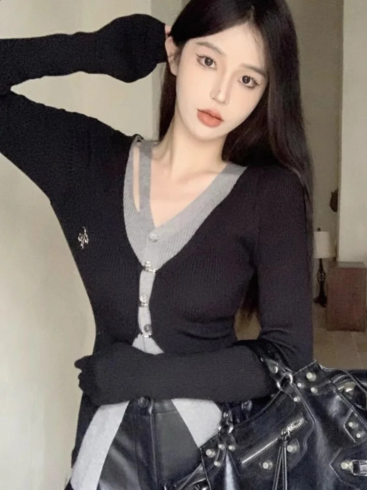 QWEEK Y2K Coquette Knitted Black Sweater Womens Alphabet Printing Korean Fashion Kpop Satin Slimming Top Autumn 240821