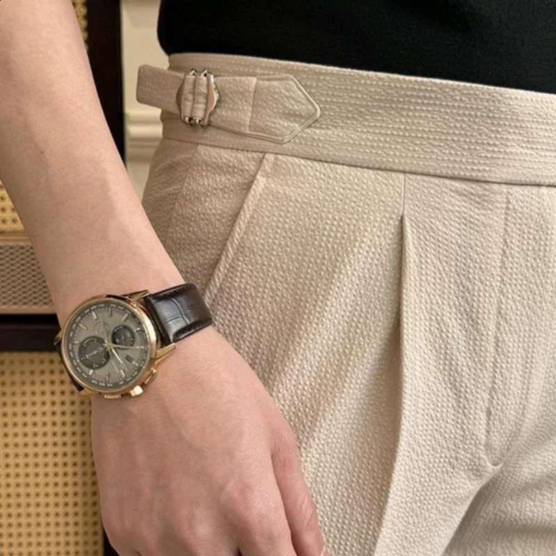 Naples Style Suit Trousers Men Stylish High-waisted Belt Slim Straight Pants Mens Fall Vintage Solid Color Casual Pants 240820