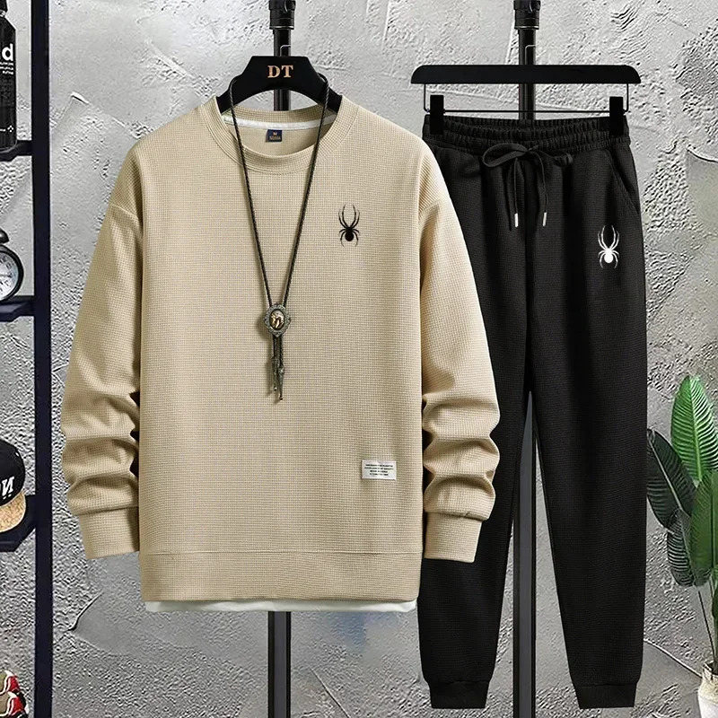 Mens Tracksuit 2 Piece Waffle Hoodie Sweatsuits Sets Athletic Jogging Suits with Pocket Spring Autumn Casual Sports Suit 240821