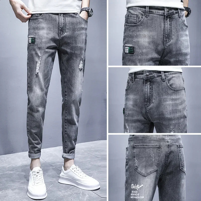 Trendy Lightweight Jeans For Men Spring Summer Arrival Slim Fit Ripped 9 Points Elastic Waist Casual Pants 240821