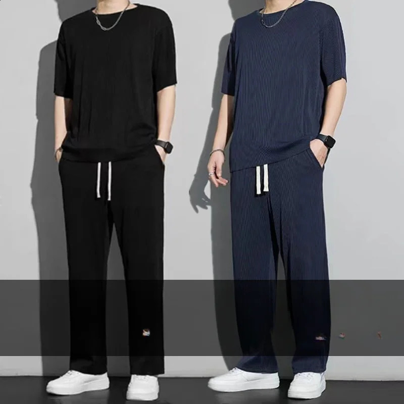 Summer Ice Silk Short-sleeved T-shirts Trousers Suit Mens Loose Large Size Two Piece Long Pants Shirts Suit Male Sports Suits 240821