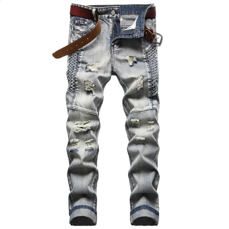 Mens Nostalgic Ripped Jeans Embroidered Straight-leg Slim Fit Male Casual Colorblock Denim Trousers Mens Pants 240821