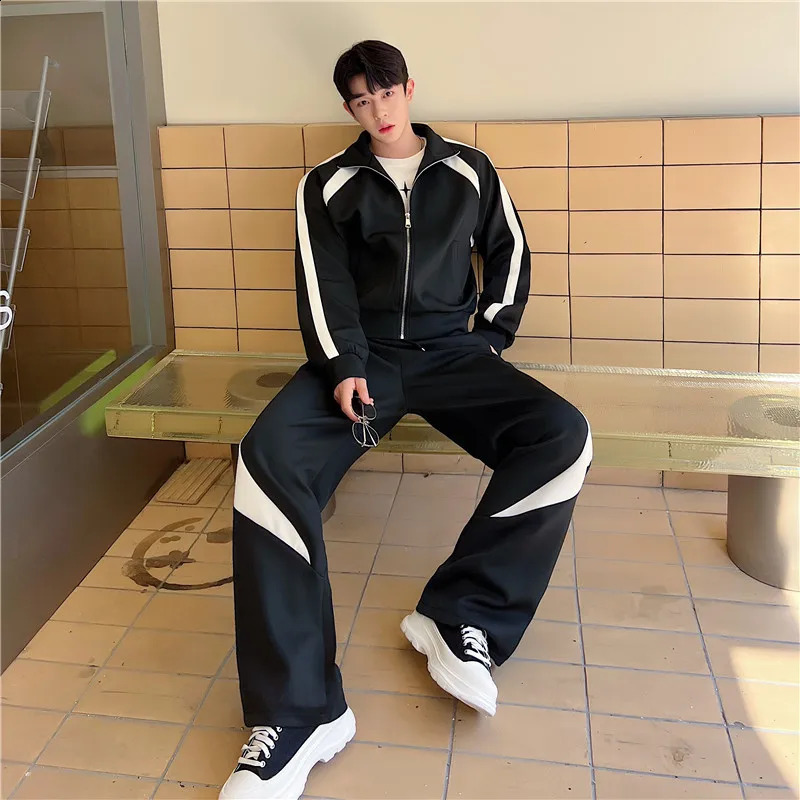 NOYMEI Personality Contrast Color n Korean Casual Loose Mens Two Pieces Set Zipper Coat Straight Pants Autumn Suits WA2937 240821