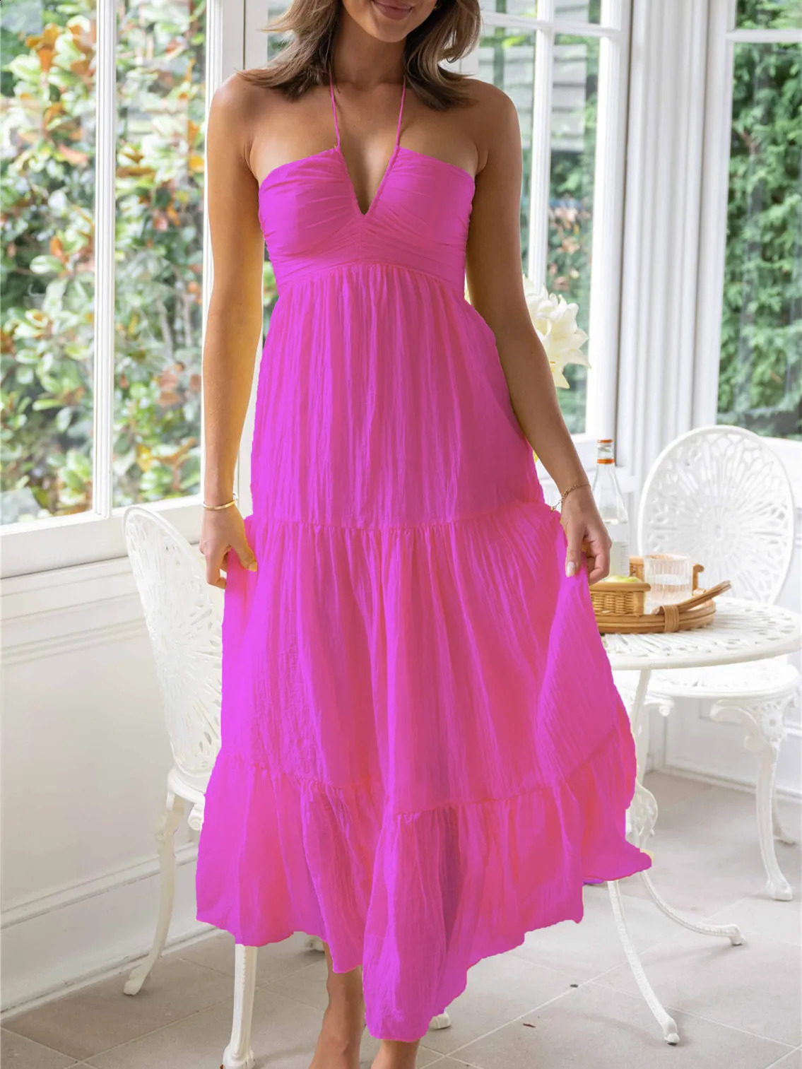 Boho Women Y2k Pleated Spaghetti Strap Maxi Dress Backless Cutout Long Cami Dress Tie Back Ruffle Dresses Beach Wear 240821